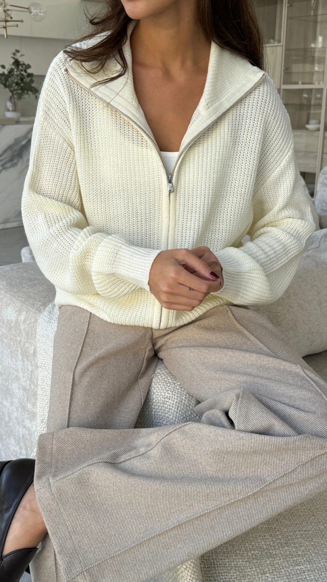 Allia Zip Cardigan - Ivory - Image 6