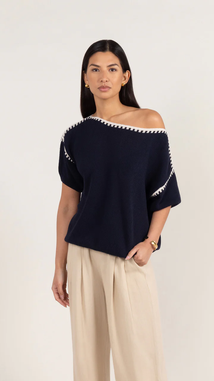 Billie Short Sleeve Cotton Knit - Deep Blue - Image 3