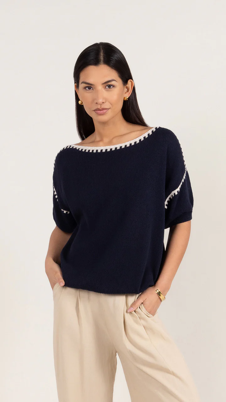 Billie Short Sleeve Cotton Knit - Deep Blue - Image 4