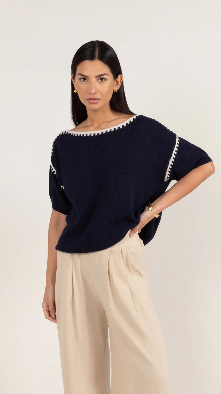 Billie Short Sleeve Cotton Knit - Deep Blue - Image 5