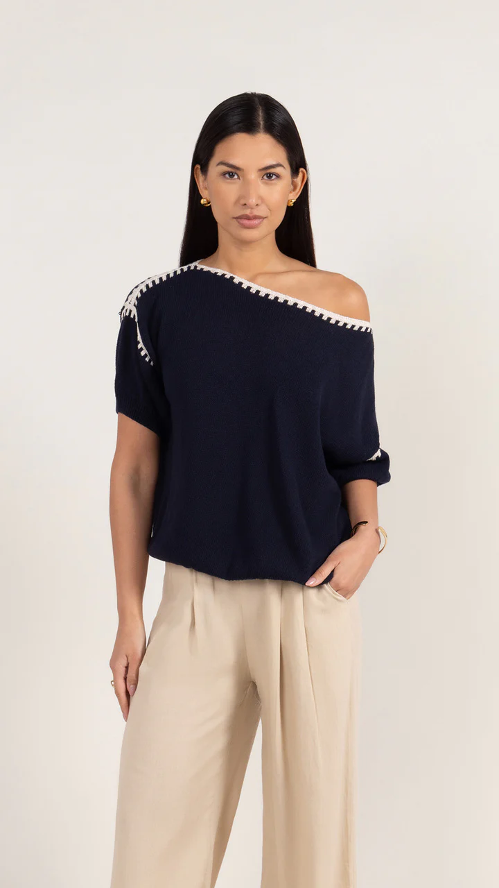 Billie Short Sleeve Cotton Knit - Deep Blue - Image 6