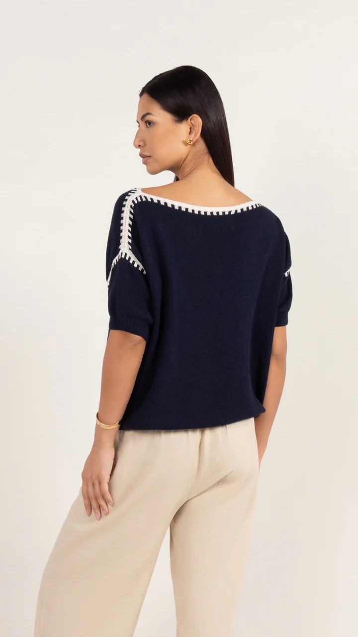Billie Short Sleeve Cotton Knit - Deep Blue - Image 9