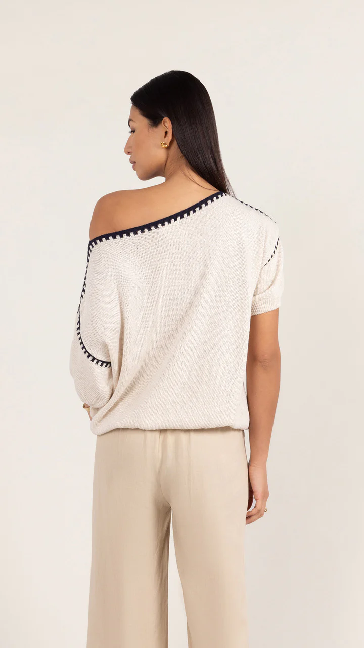 Billie Short Sleeve Cotton Knit  - Ecru - Image 4