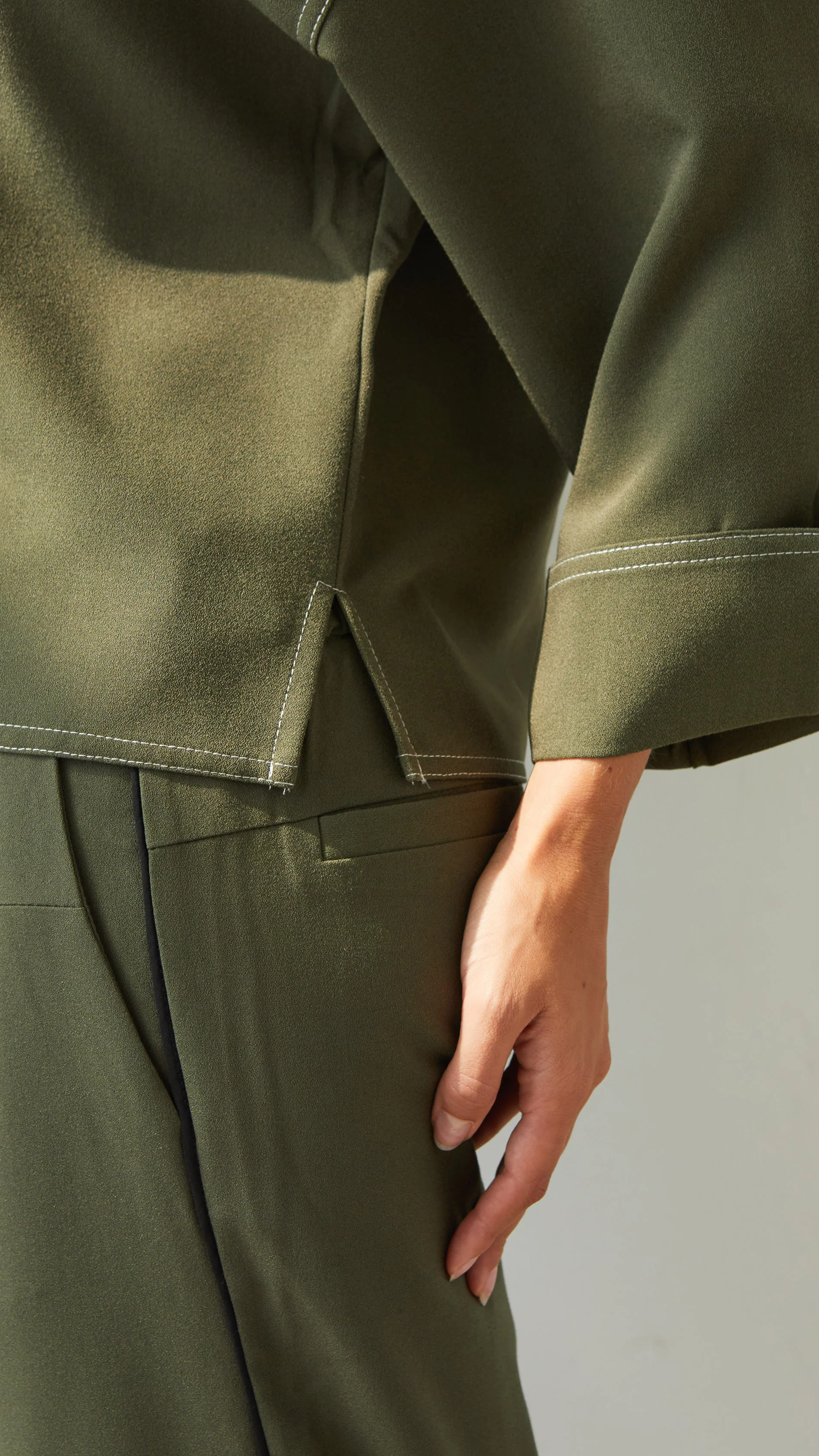 Olina V-Neck Crepe Top  - Khaki - Image 8