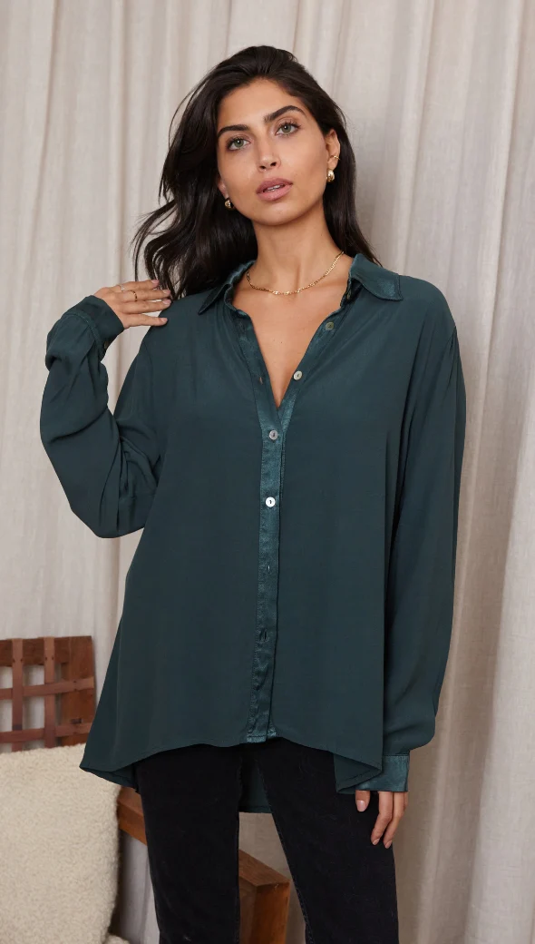 Romy Satin Crepe Shirt - Emerald - Image 4