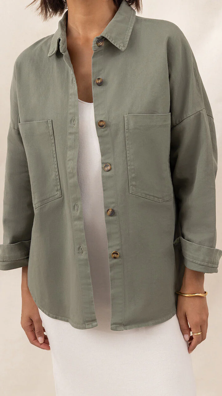 Wyatt Cotton Twill Overshirt - Khaki - Image 3